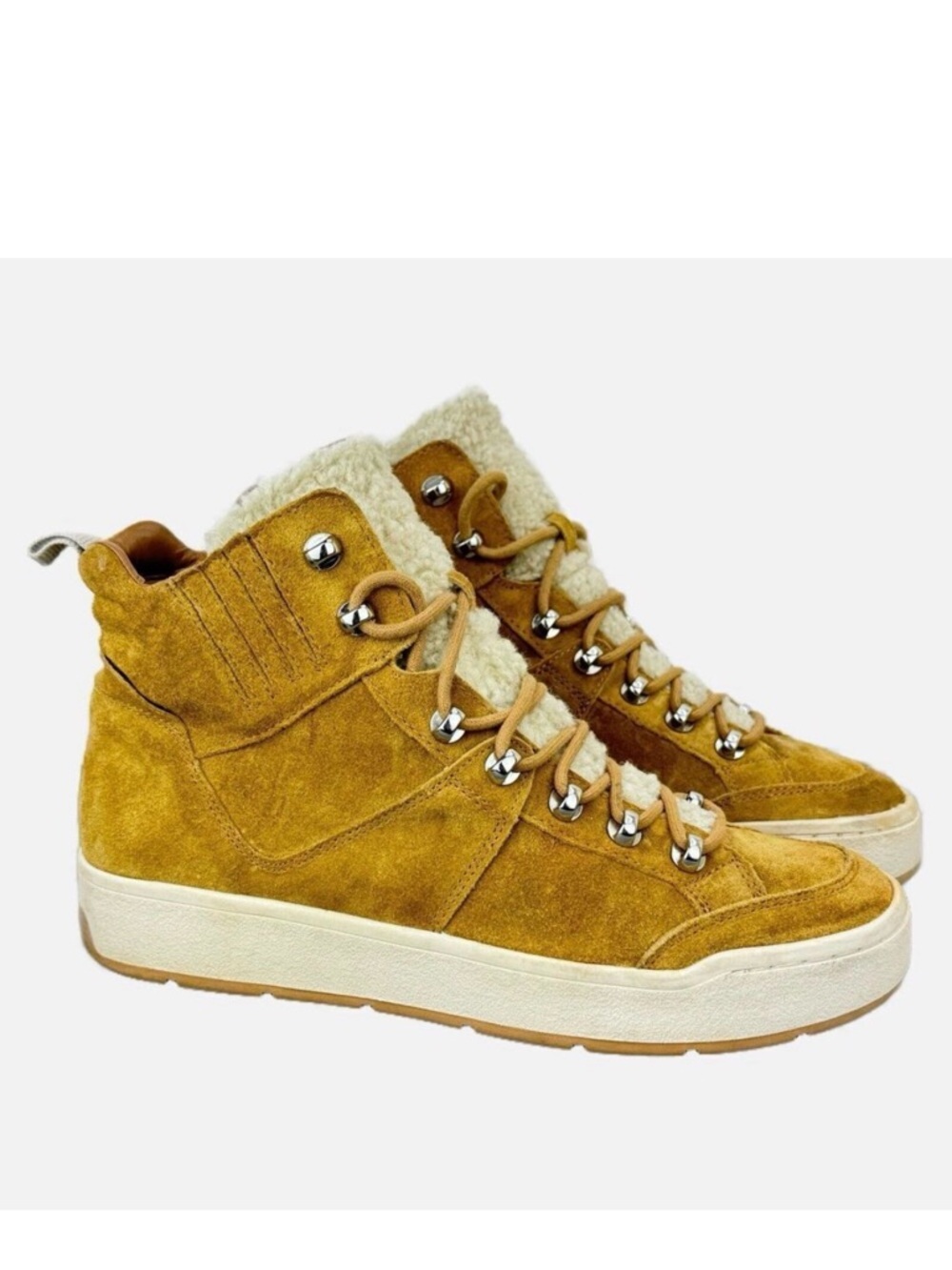 Marc Fisher Hi Top Sneakers Boots 9.5 Tan Mally Leather Lace Up Faux Fur-Lined